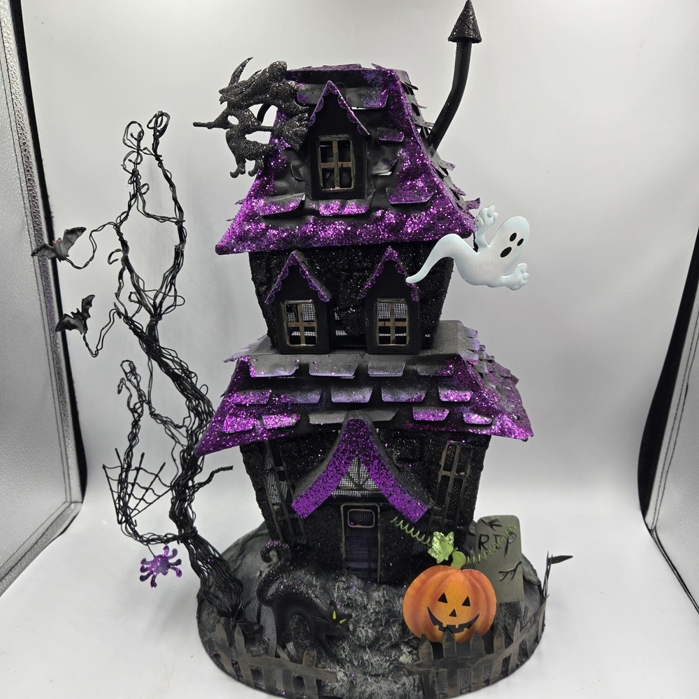 Large Halloween Haunted Metal Tealight House Candle Holder Cat Pumpkin In Box